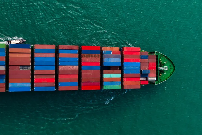 Aerial view of a container ship at sea